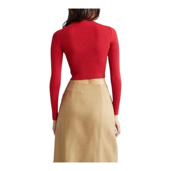 Farm Rio Long Sleeve Rib Crop mock neck sweater top in burgundy size M NWT - Picture 3 of 5